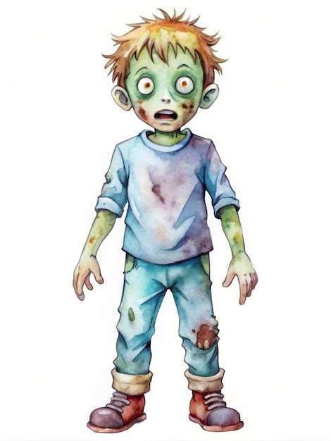 Photo cute zombie boy watercolor illustration a watercolor illustration of a cute zombie boy with g