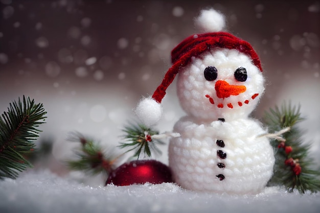 Cutest Christmas snowman in forest with snow. Crochet style with wool