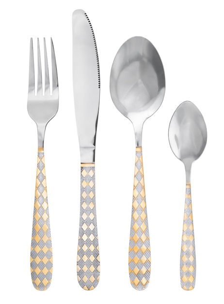 Cutlery set  on white background. Metal cutlery with gold pattern