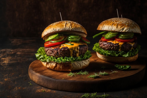 Cutlet topped hamburgers with lettuce tomato cucumber onion and cheese American food swift food Cheeseburger