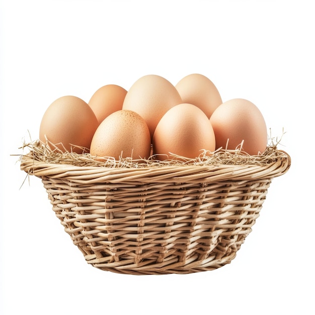 Photo cutout food photography of a pile of chicken eggs in a basket isolated on white background