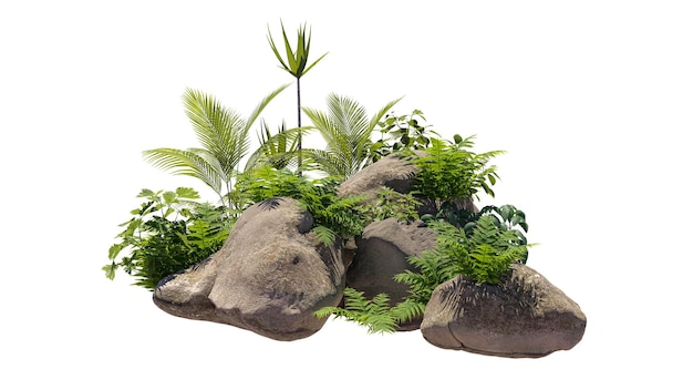 Cutout rock surrounded by plants Decorative shrub for landscaping Clipping mask available for composition 3d rendering