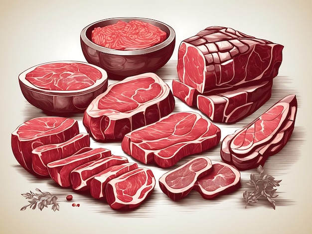 Cuts of raw meat set Steak ribs ham vector illustration