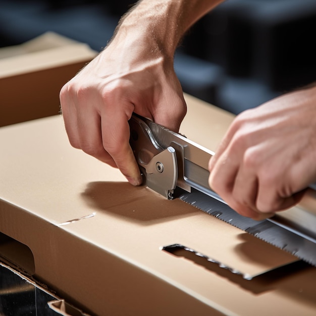 Photo cutter knife cuts through cardboardblades