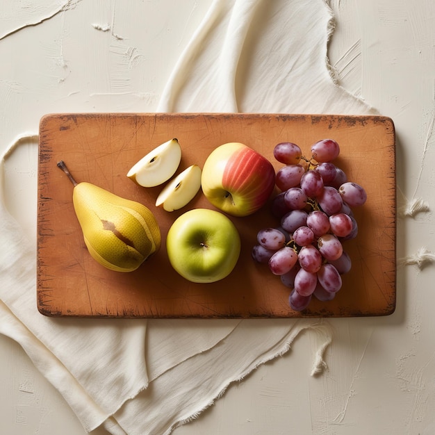 Photo a cutting board with apples bananas and grapes on it