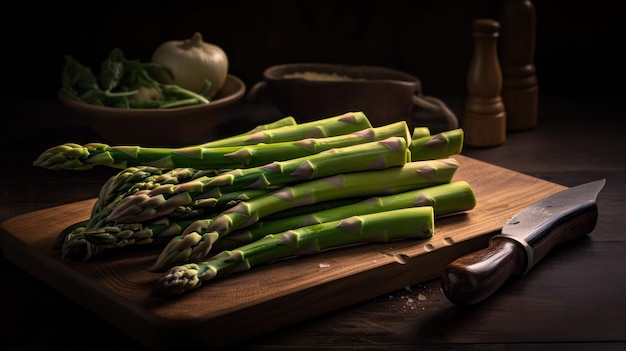 A cutting board with asparagus on it