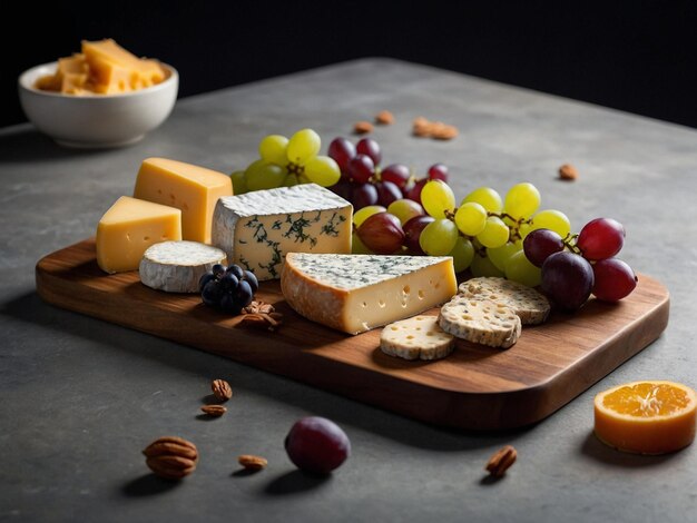 Photo a cutting board with cheese grapes cheese and cheese