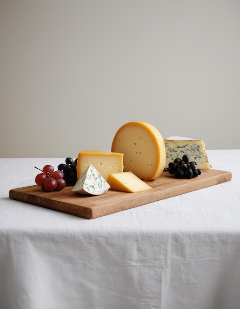 Photo a cutting board with cheese and grapes on it