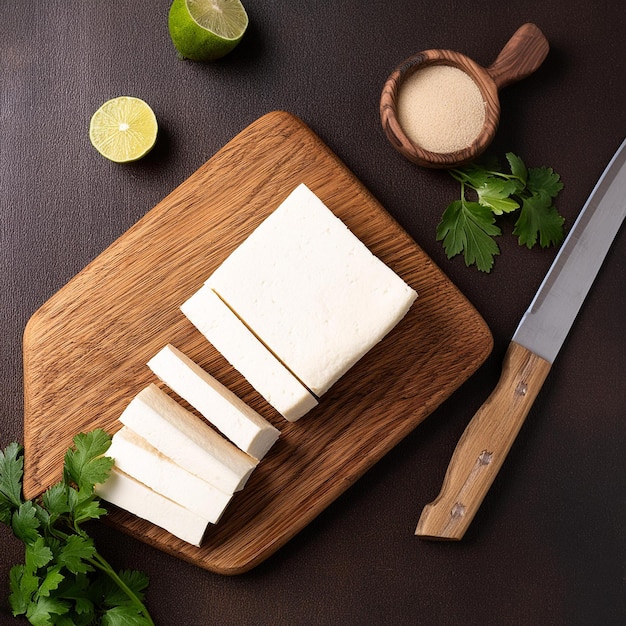 a cutting board with cheese and a knife on it next to some ingredients