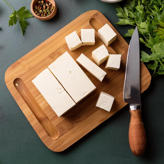 Photo a cutting board with cheese and a knife on it