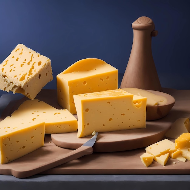 a cutting board with cheese and a knife on it