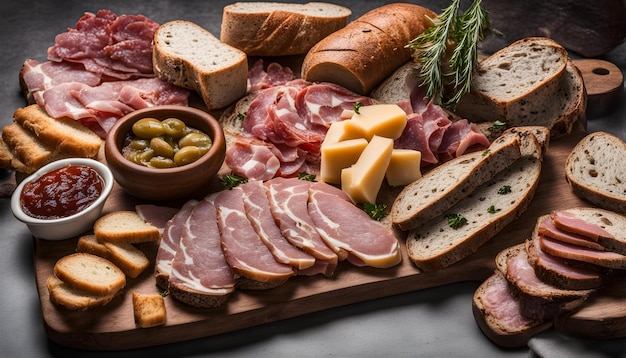 a cutting board with cheese meat cheese and olives