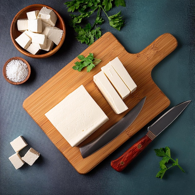 Photo a cutting board with cheese and parsley on it