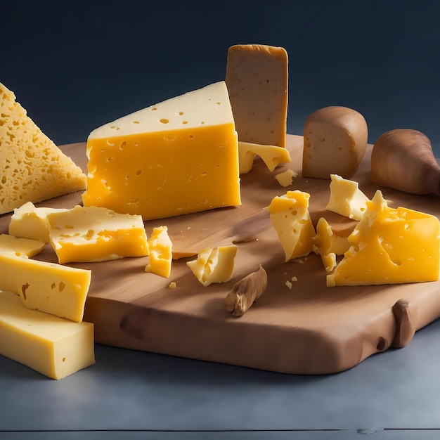 a cutting board with cheese and a piece of cheese on it