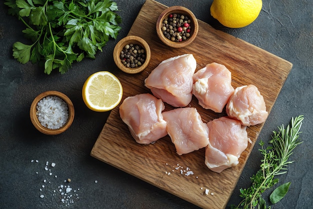 a cutting board with chicken and spices and lemon and spices