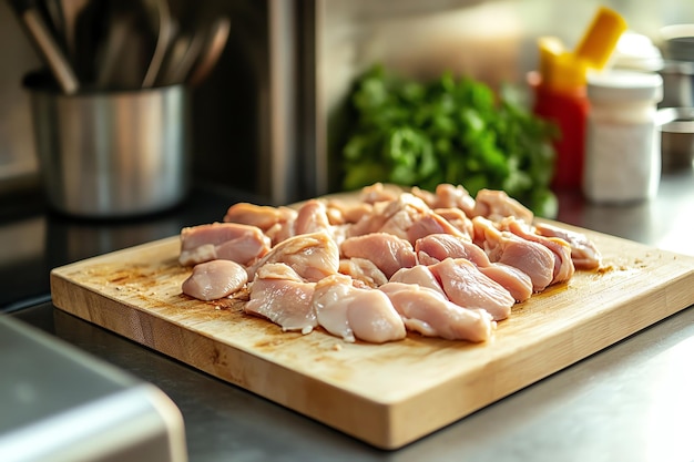 a cutting board with chicken and vegetables on it