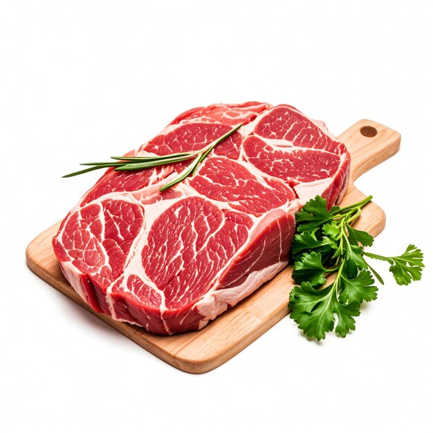 Photo a cutting board with a cut of meat and parsley on it