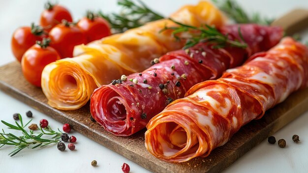 Photo a cutting board with meat wrapped in bacon and cheese