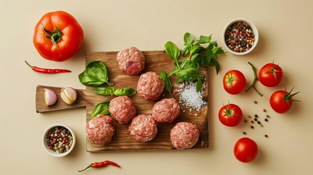 Photo a cutting board with meatballs tomatoes and cheese