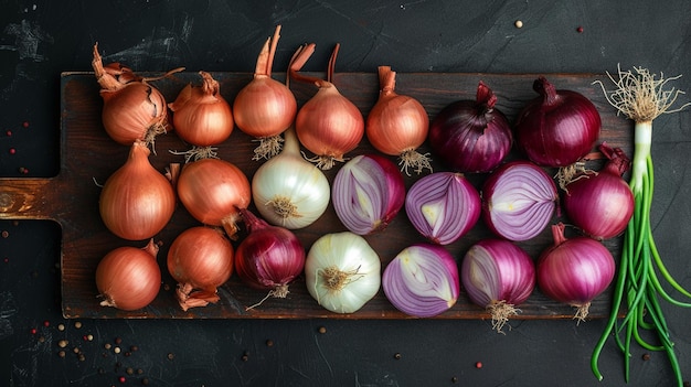 a cutting board with onions garlic and herbs