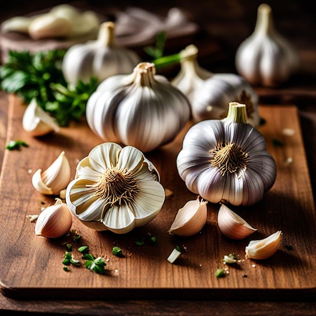 a cutting board with onions and garlic on it