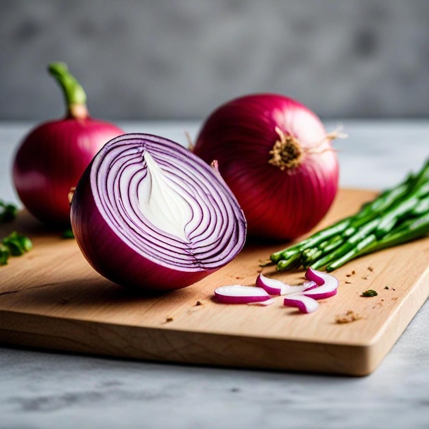 Photo a cutting board with onions and onions on it