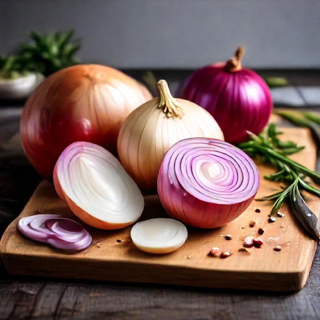 a cutting board with onions onions and a knife on it