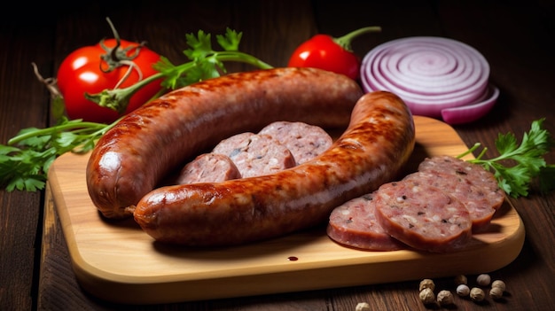 A cutting board with sausages and tomatoes on it