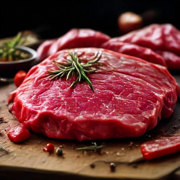 a cutting board with several cuts of meat on it