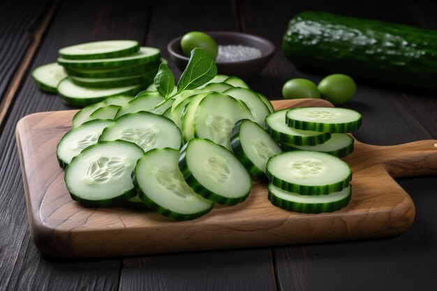 A cutting board with sliced cucumbers on it generative AI