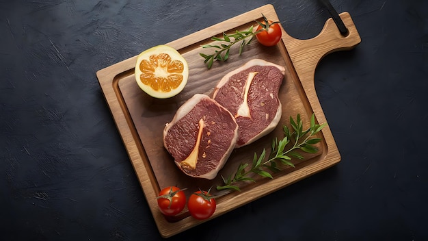 a cutting board with steaks and tomatoes on it