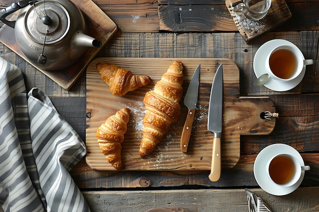 Photo cutting board with tasty croissants and cup on wooden table in kitchen