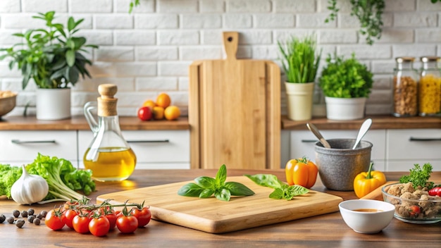 a cutting board with tomatoes and a bottle of olive oil on it