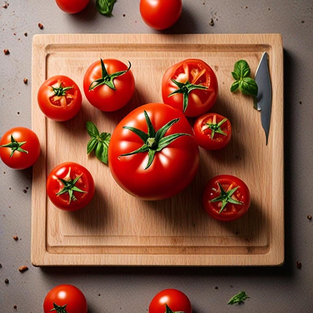 a cutting board with tomatoes and a knife on it