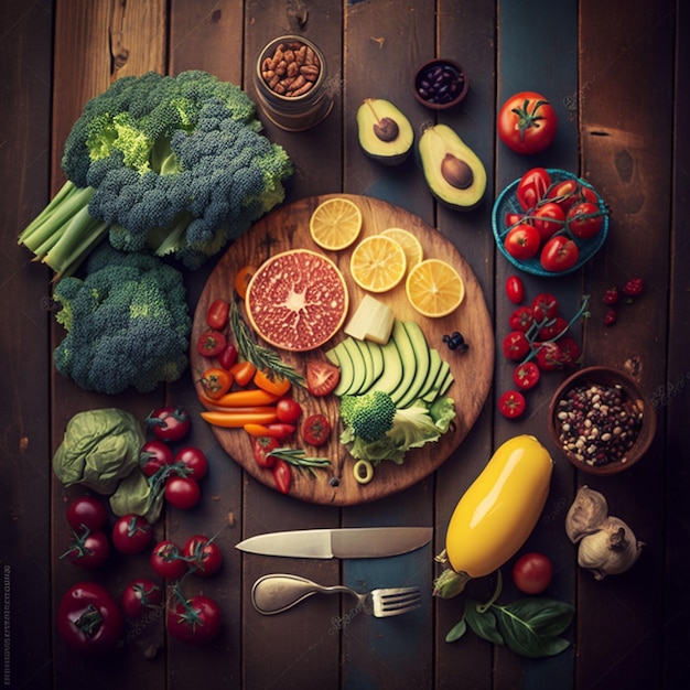 A cutting board with vegetables and fruits including broccoli, avocado, broccoli, and other fruits.