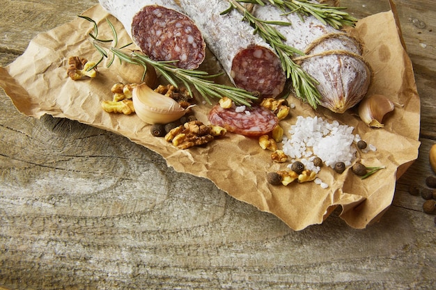 Cutting boards with delicious salami