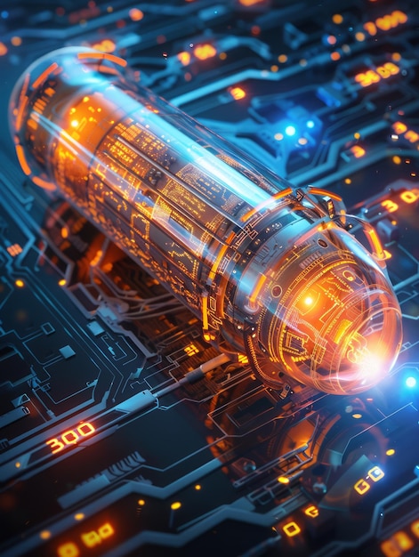 Cutting Edge Cybernetic Technology Glowing Futuristic Battery Core on Intricate Circuit Board A