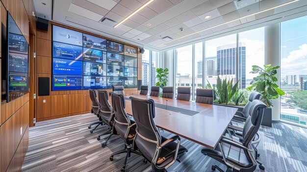 A cutting edge office room equipped with advanced video conferencing technology multiple display screens and modern architectural elements