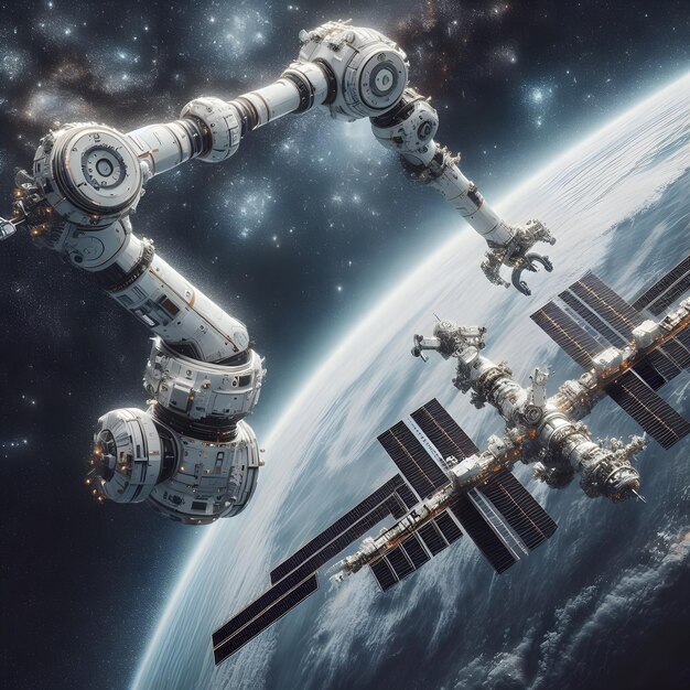 Photo a cuttingedge robotic arm extending from the space station performing delicate repairs and mainten