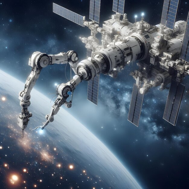 Photo a cuttingedge robotic arm extending from the space station performing delicate repairs and mainten