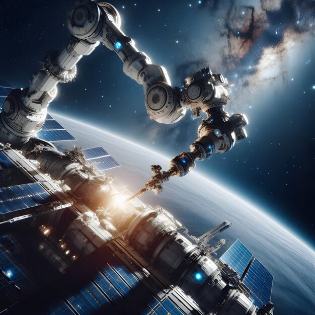 Photo a cuttingedge robotic arm extending from the space station performing delicate repairs and mainten