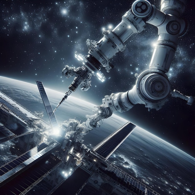 Photo a cuttingedge robotic arm extending from the space station performing delicate repairs and mainten