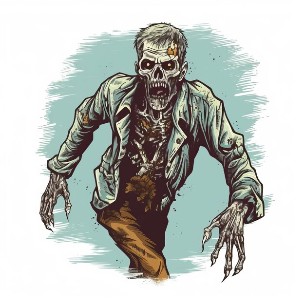 Photo cyan and bronze zombie walking detailed hand drawn illustration