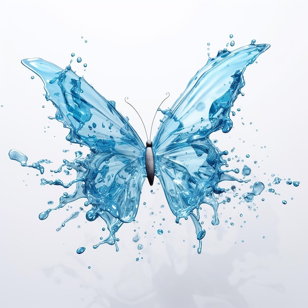 a cyan and silver butterfly flying and disintegrating into liquid silver