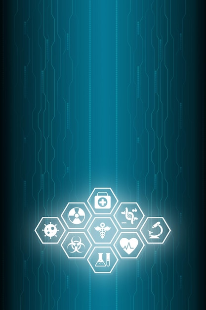 Cyan and white futuristic background with medicine symbols