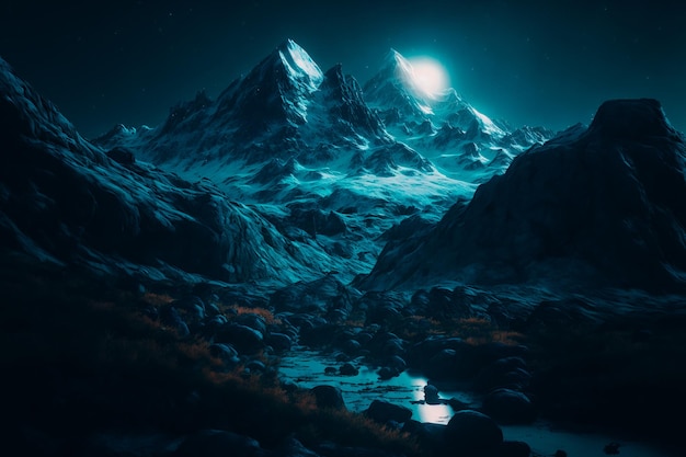 cyanluminescent mountains with white peaks