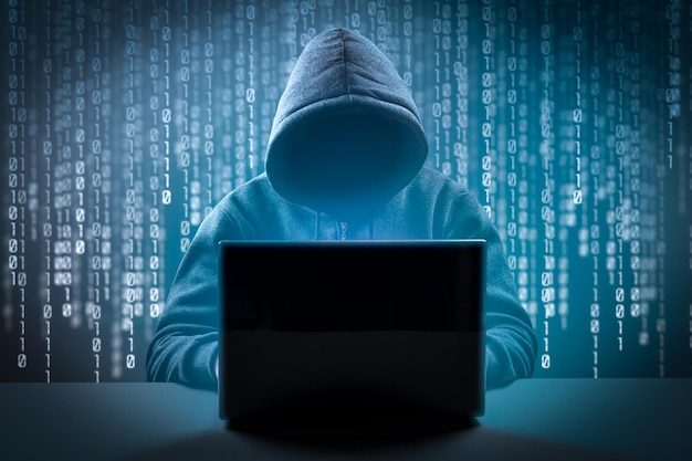 Cyber attack system breaking and malware Faceless hooded anonymous computer hacker Hacking and malware concept Faceless man in hoodie with laptop in the dark