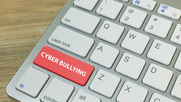 Cyber bullying red button on silver keyboard .