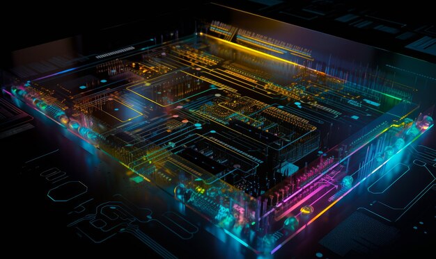 Cyber circuit board with highlighted area Technological backdrop concept Generative AI