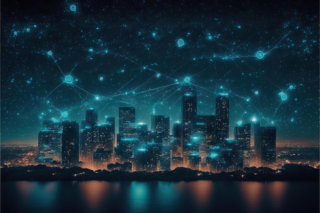 Cyber city with data symbols in night sky iot technology concept created with generative ai